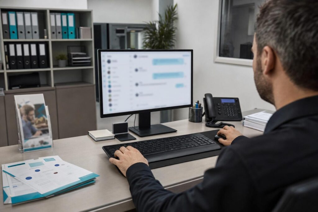 chatgpt für unternehmen: Kundenservice-Raum mit Männerhänden am PC, Chatbot-Oberfläche, Telefon und Kundenanfragen-Formulare.