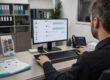 chatgpt für unternehmen: Kundenservice-Raum mit Männerhänden am PC, Chatbot-Oberfläche, Telefon und Kundenanfragen-Formulare.