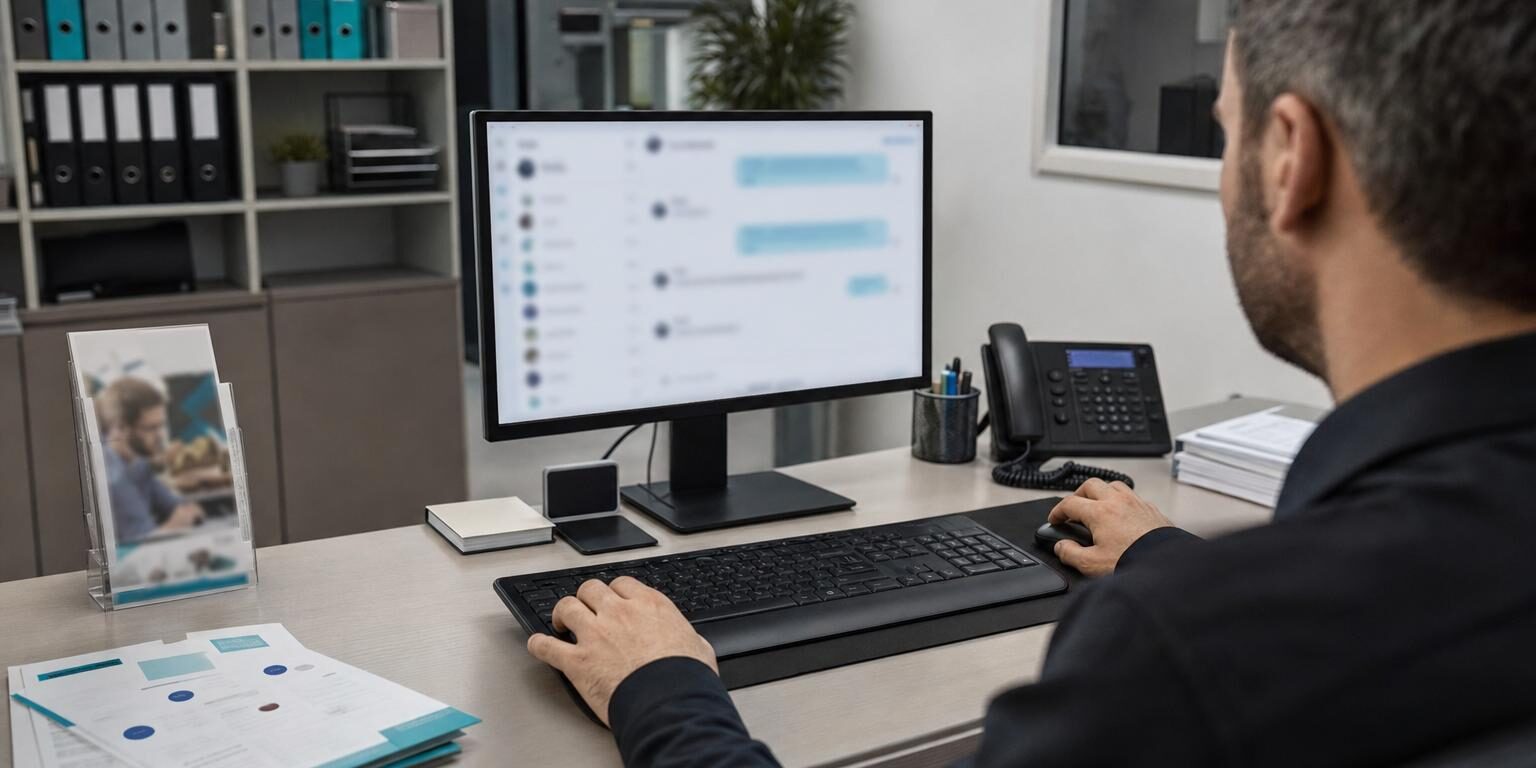 chatgpt für unternehmen: Kundenservice-Raum mit Männerhänden am PC, Chatbot-Oberfläche, Telefon und Kundenanfragen-Formulare.