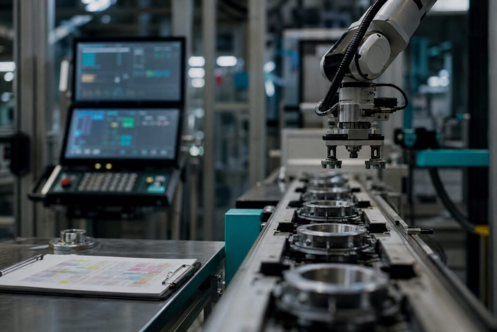 Industrielle Fertigungshalle mit automatischem Roboterarm an einem Fließband und einer Steuereinheit mit unscharfen Anzeigen.