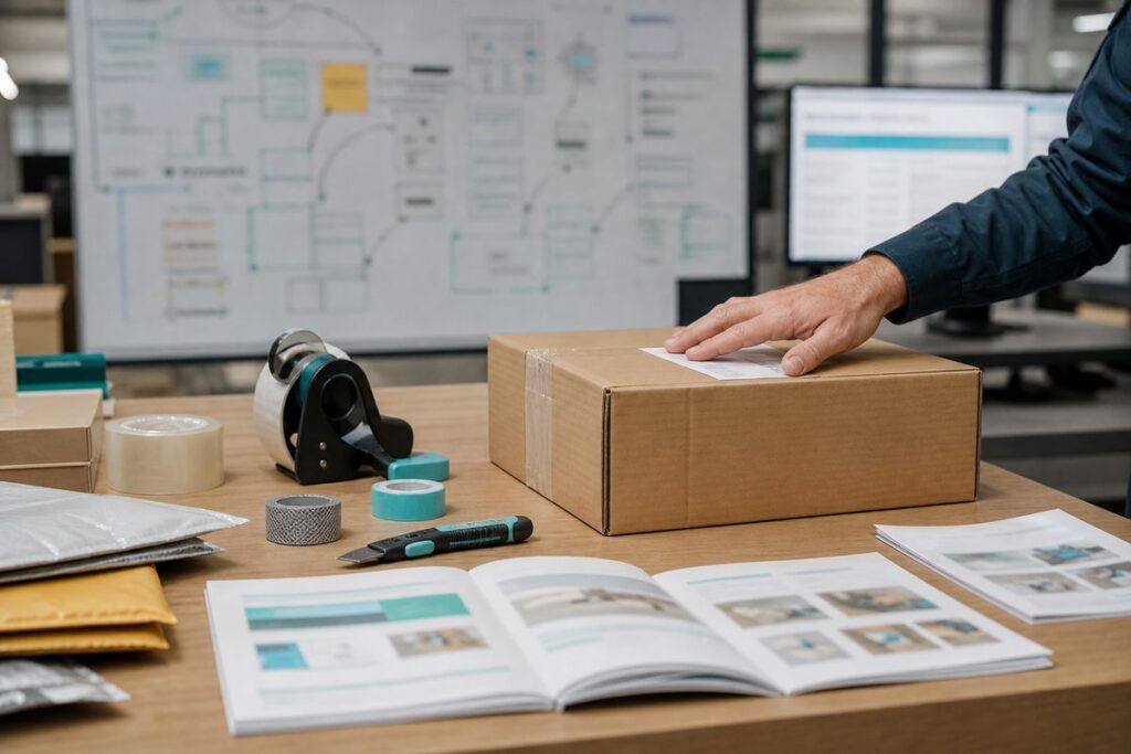 Schulungsraum mit Arbeitstisch, Verpackungsmaterialien, offenem Anleitungsheft und männlicher Hand beim Etikettieren eines Pa