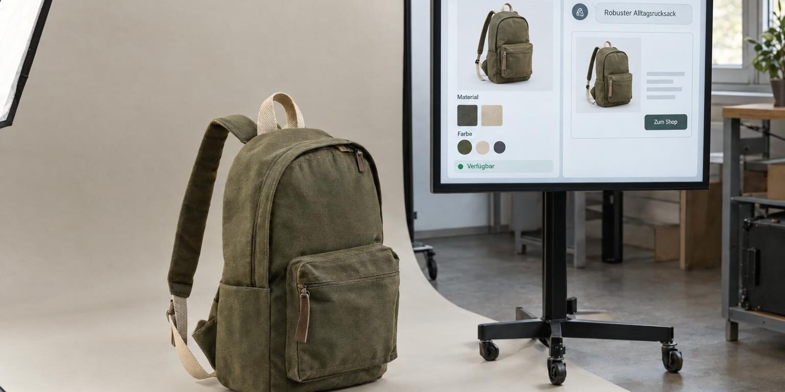ChatGPT Shopping: Rucksack im Fotostudio neben einem Bildschirm mit Produktdaten und passender KI-Kaufempfehlung.