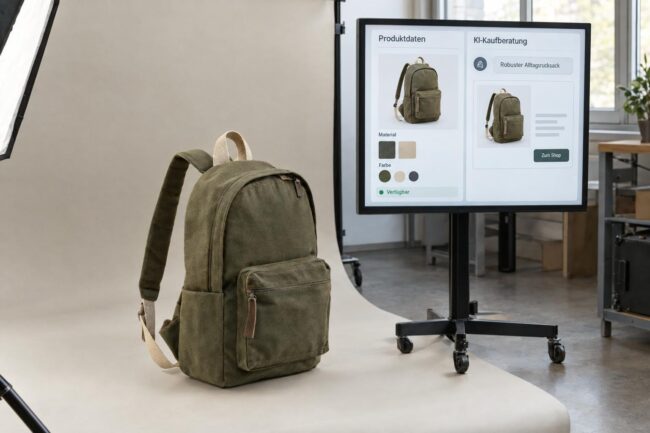 ChatGPT Shopping: Rucksack im Fotostudio neben einem Bildschirm mit Produktdaten und passender KI-Kaufempfehlung.