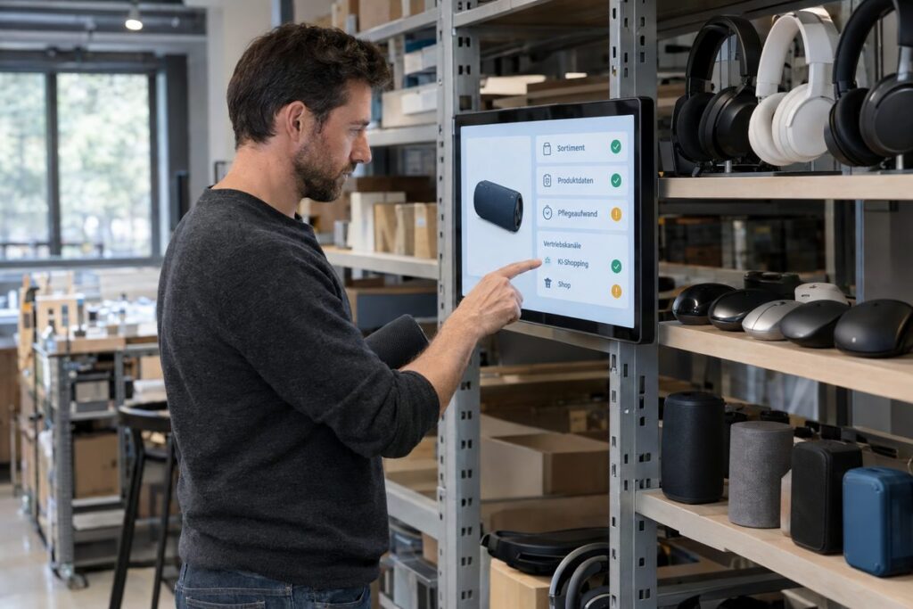 Ein Elektronikhändler prüft Sortiment, Produktdaten und Pflegeaufwand für KI-Shopping an einem Touchscreen.