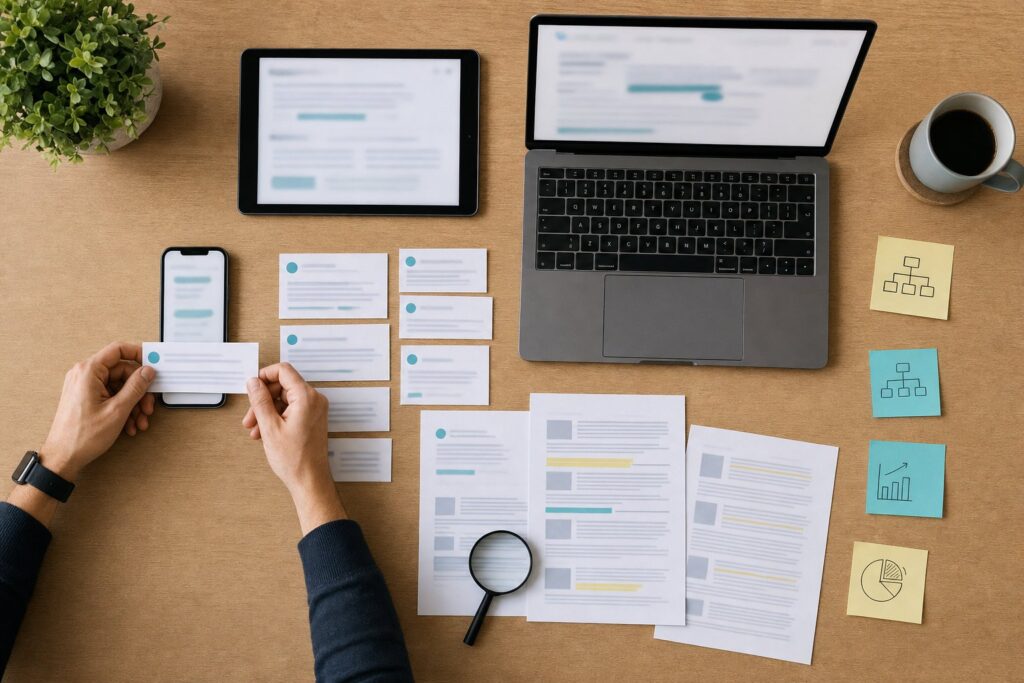 GEO SEO: Hände legen Website-Ausschnitte als Quellen neben eine KI-Antwort auf dem Smartphone