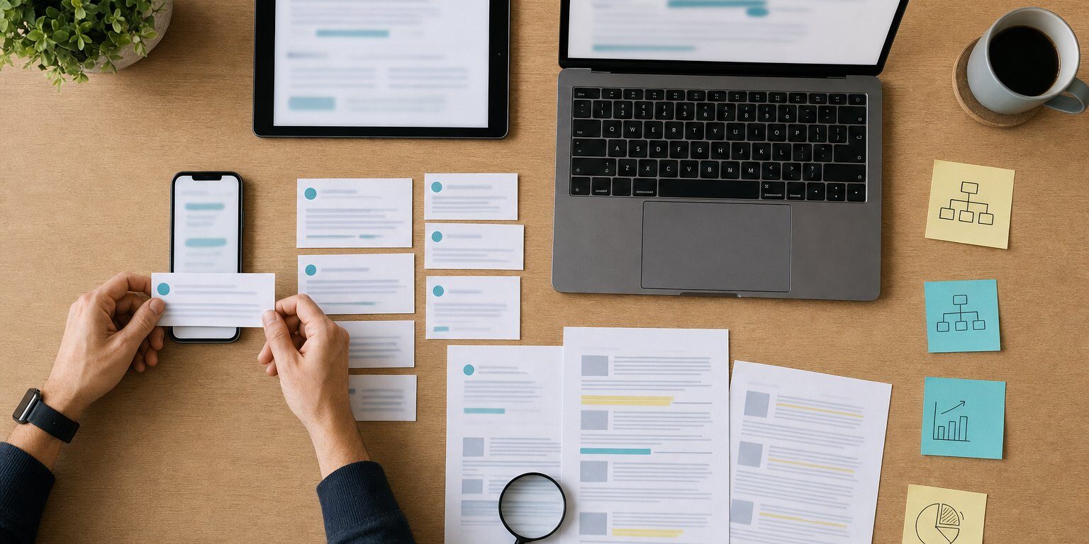 GEO SEO: Hände legen Website-Ausschnitte als Quellen neben eine KI-Antwort auf dem Smartphone