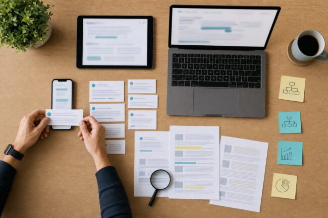 GEO SEO: Hände legen Website-Ausschnitte als Quellen neben eine KI-Antwort auf dem Smartphone