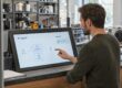 KI-Agent erstellen: Ein Mann verbindet am Service-Touchscreen Anfrage, Wissensbasis und Kundensystem zu einem Ablauf.
