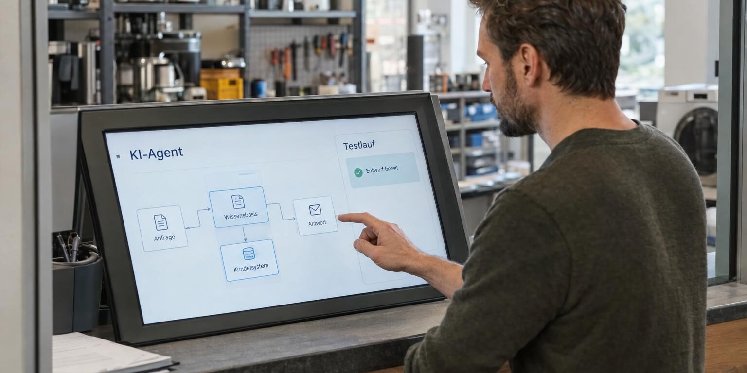 KI-Agent erstellen: Ein Mann verbindet am Service-Touchscreen Anfrage, Wissensbasis und Kundensystem zu einem Ablauf.