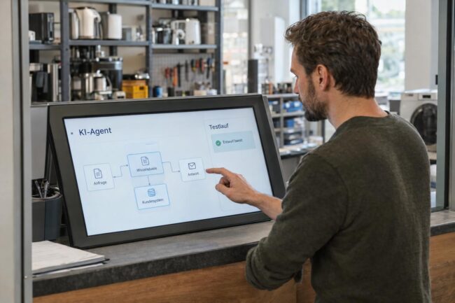 KI-Agent erstellen: Ein Mann verbindet am Service-Touchscreen Anfrage, Wissensbasis und Kundensystem zu einem Ablauf.