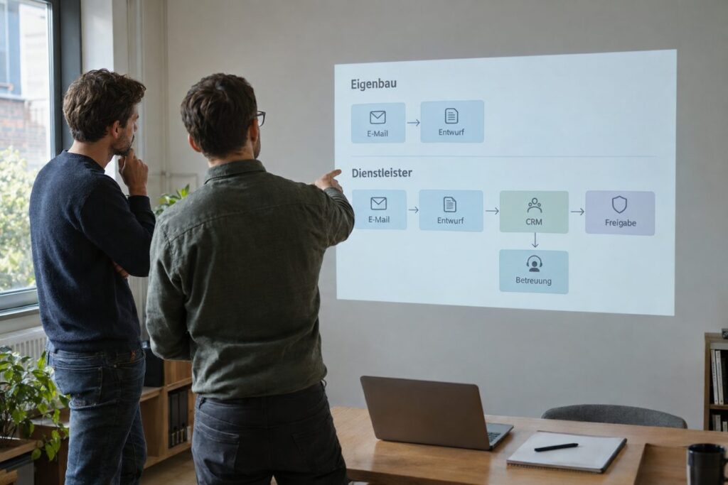 Unternehmer und Berater vergleichen Eigenbau und Dienstleisterlösung für einen E-Mail-Agenten an einer Projektion.