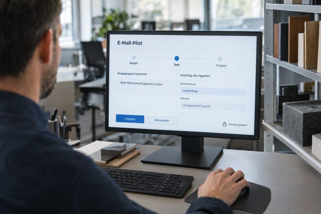 Ein Einkaufsmitarbeiter prüft die Klassifizierung und Antwort eines E-Mail-Agenten im gesperrten Pilotbetrieb.