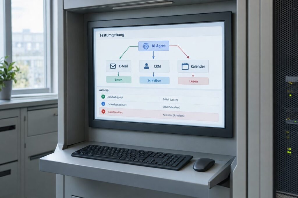 Integrationskonsole mit E-Mail-, CRM- und Kalenderanbindung, Zugriffsrechten und Testmeldungen eines KI-Agenten.