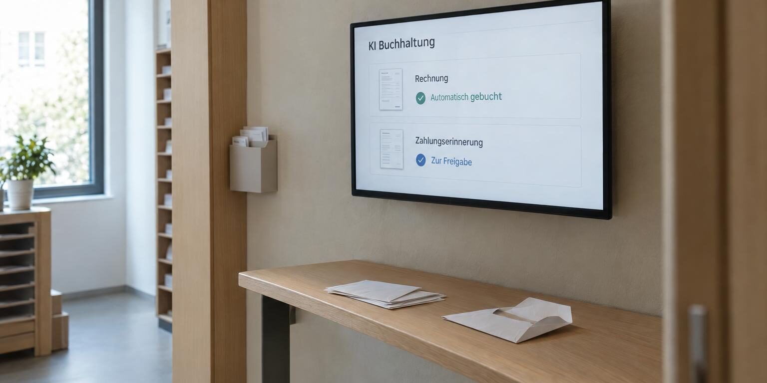 KI Buchhaltung auf einem Wandbildschirm: automatisch gebuchte Rechnung und Zahlungserinnerung zur Freigabe.