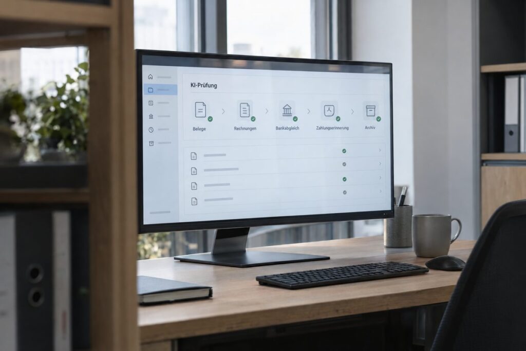 Monitor mit Buchhaltungssoftware für Belege, Rechnungen, Bankabgleich, Zahlungserinnerungen und Archiv.