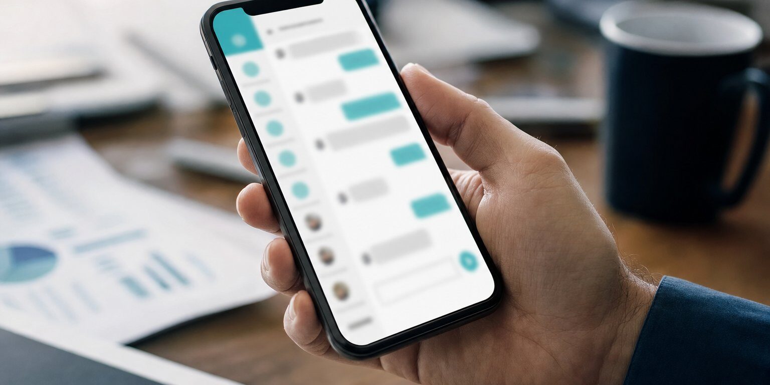 KI-Chatbot: Männerhand hält Smartphone mit unscharfer Chat-Oberfläche im Büro, Kaffeetasse und Unterlagen im Hintergrund