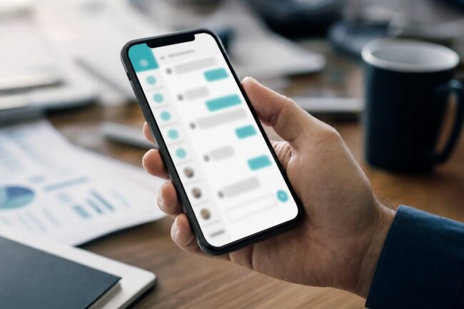KI-Chatbot: Männerhand hält Smartphone mit unscharfer Chat-Oberfläche im Büro, Kaffeetasse und Unterlagen im Hintergrund