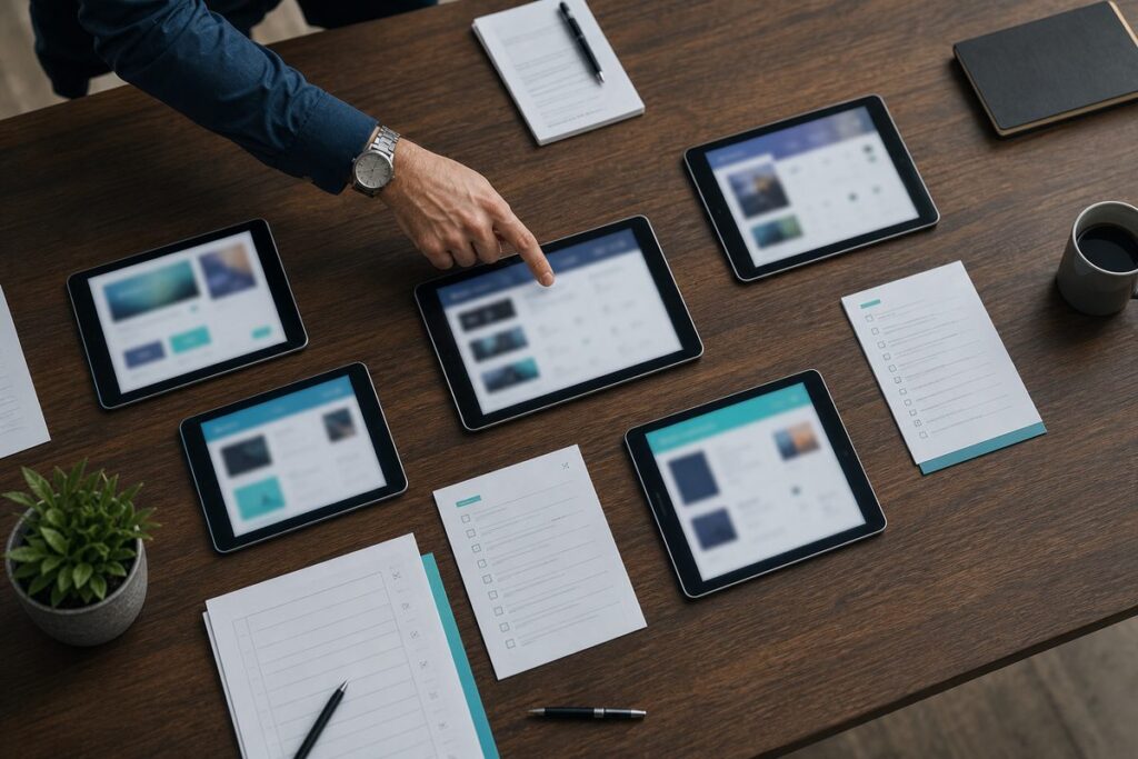 Draufsicht auf Tisch mit Tablets, unscharfen Bildschirmen, Checklisten und Männerhand, die auf ein Tablet zeigt.