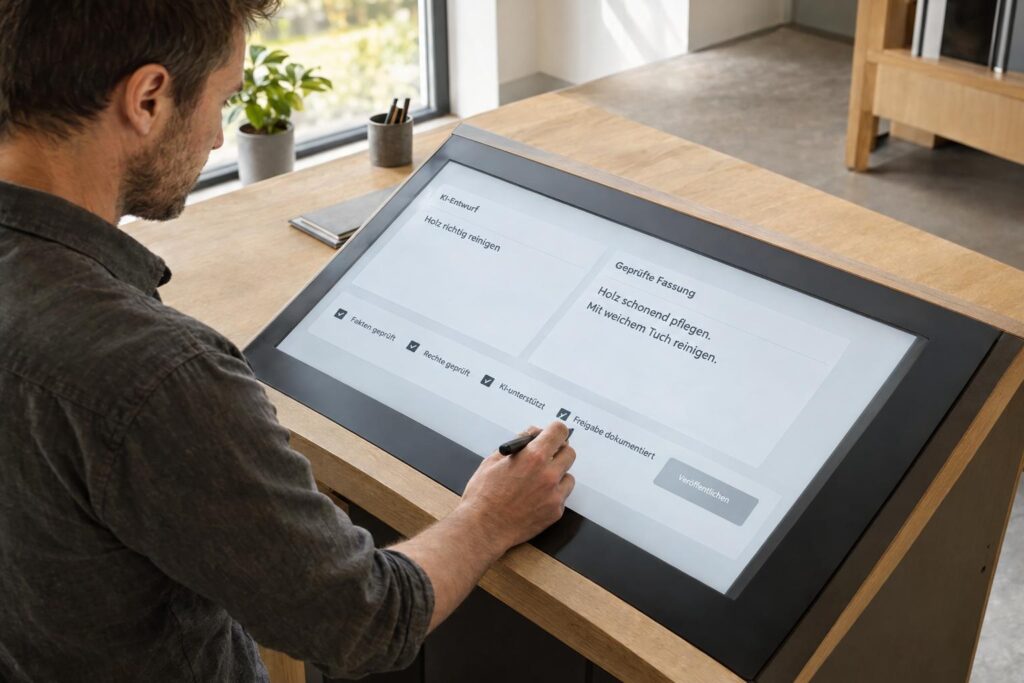 KI-Content-Erstellung: Ein Redakteur prüft einen KI-Text und dokumentiert die Freigabe auf einem Stiftdisplay.