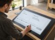 KI-Content-Erstellung: Ein Redakteur prüft einen KI-Text und dokumentiert die Freigabe auf einem Stiftdisplay.