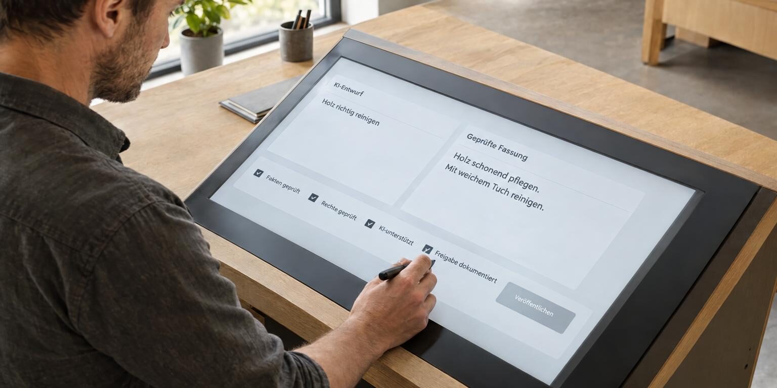KI-Content-Erstellung mit Freigabe: Workflow, Qualität und Haftung KI-Content-Erstellung: Ein Redakteur prüft einen KI-Text und dokumentiert die Freigabe auf einem Stiftdisplay.