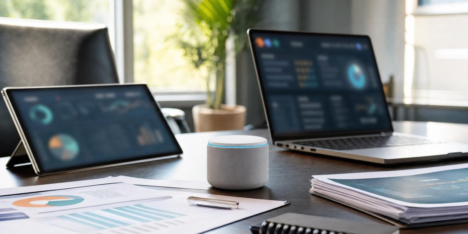 KI für Unternehmen: Verschiedene KI-Geräte und digitale Tools auf einem realen Besprechungstisch im Unternehmen.