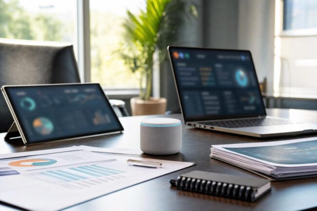 KI für Unternehmen: Verschiedene KI-Geräte und digitale Tools auf einem realen Besprechungstisch im Unternehmen.
