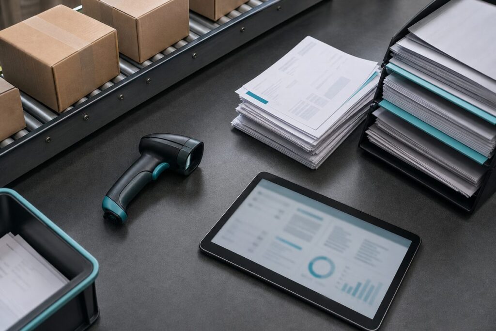Draufsicht auf Förderband mit Paketen, sortierte Papierstapel, Barcode-Scanner und Tablet auf einem Schreibtisch.