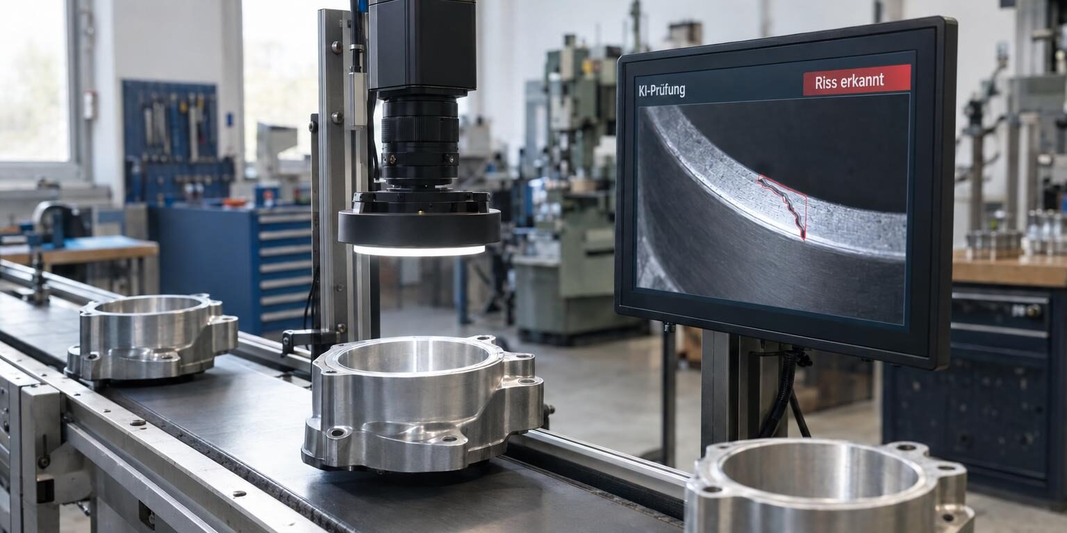 KI im Mittelstand: Was 2026 wirklich funktioniert (Praxis & Zahlen) KI im Mittelstand: Eine Kameraprüfstation erkennt einen Riss im Metallgehäuse und markiert ihn auf dem Bildschirm.