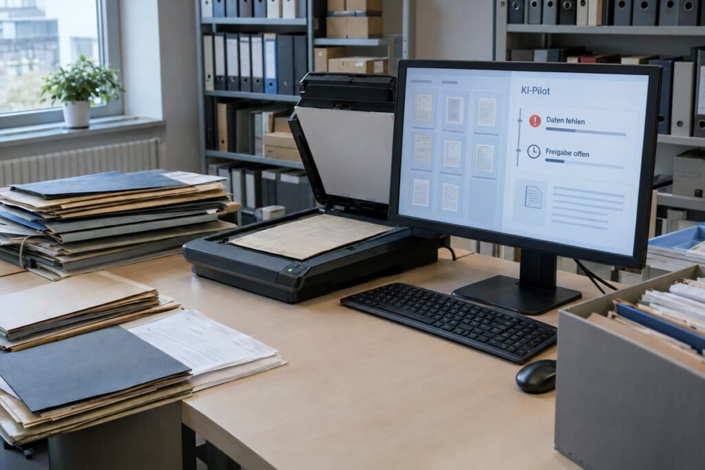 Scanner, uneinheitliche Papierunterlagen und ein Bildschirm mit offenen Daten- und Freigabefragen zum KI-Pilot.
