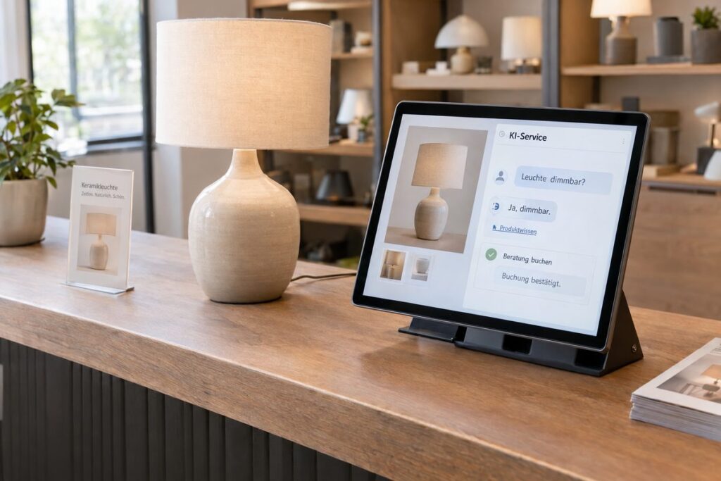 Touchscreen neben einer Tischleuchte: Ein KI-Chatbot beantwortet eine Produktfrage und bestätigt eine Beratungsbuchung.