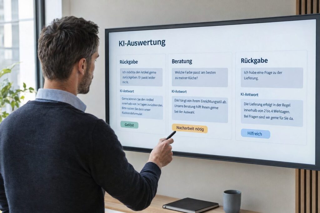 Ein Mitarbeiter prüft KI-Servicefälle am Wandbildschirm mit Rückmeldungen und Hinweisen auf nötige Nacharbeit.