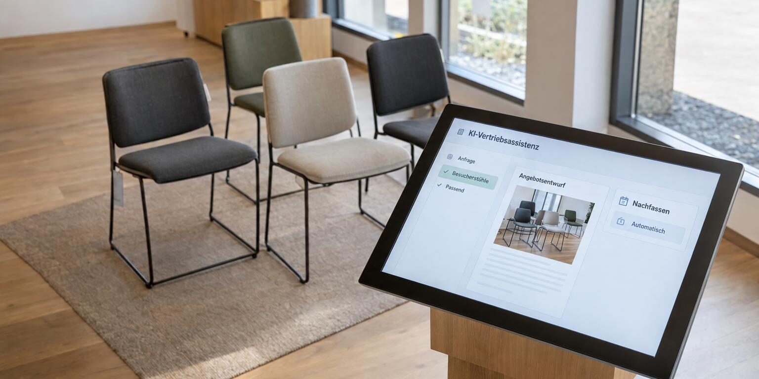 KI im Vertrieb: Touchscreen im Stuhlshowroom mit qualifizierter Anfrage, Angebotsentwurf und automatischem Nachfassen.