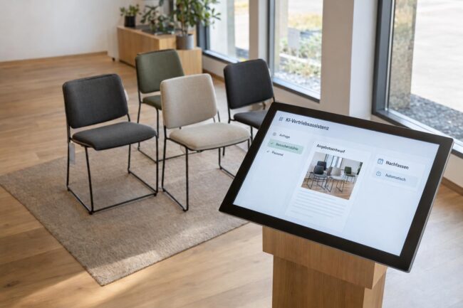 KI im Vertrieb: Touchscreen im Stuhlshowroom mit qualifizierter Anfrage, Angebotsentwurf und automatischem Nachfassen.
