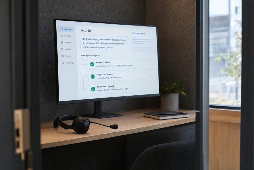 CRM-Bildschirm mit Gesprächsauswertung, qualifiziertem Kontakt, Angebotsentwurf und geplantem Follow-up.