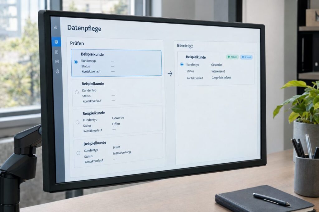 CRM-Datenpflege zeigt doppelte, lückenhafte Einträge neben einem bereinigten und vervollständigten Kundendatensatz.