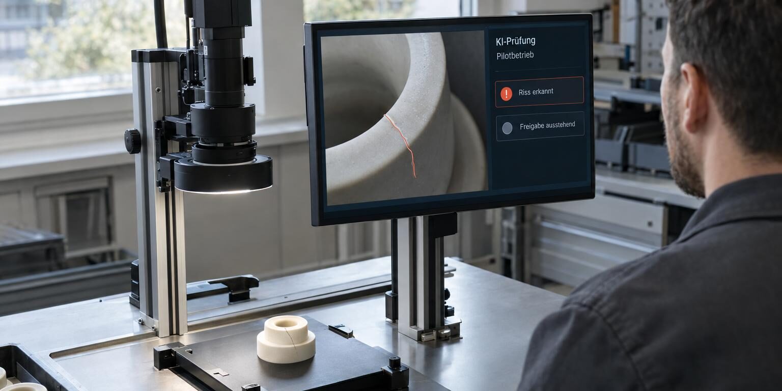 KI-Implementierung: Ein Qualitätsprüfer vergleicht ein rissiges Bauteil mit der KI-Auswertung im Pilotbetrieb.