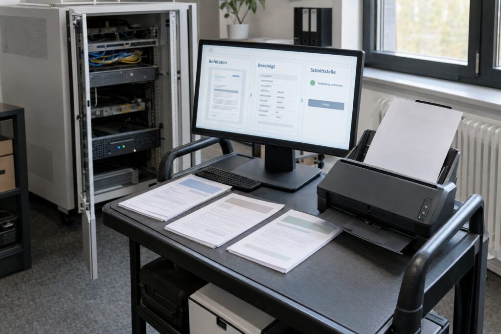 Datenaufbereitung und Schnittstellentest mit Dokumentenscanner, Prüfmonitor und kompaktem Server.