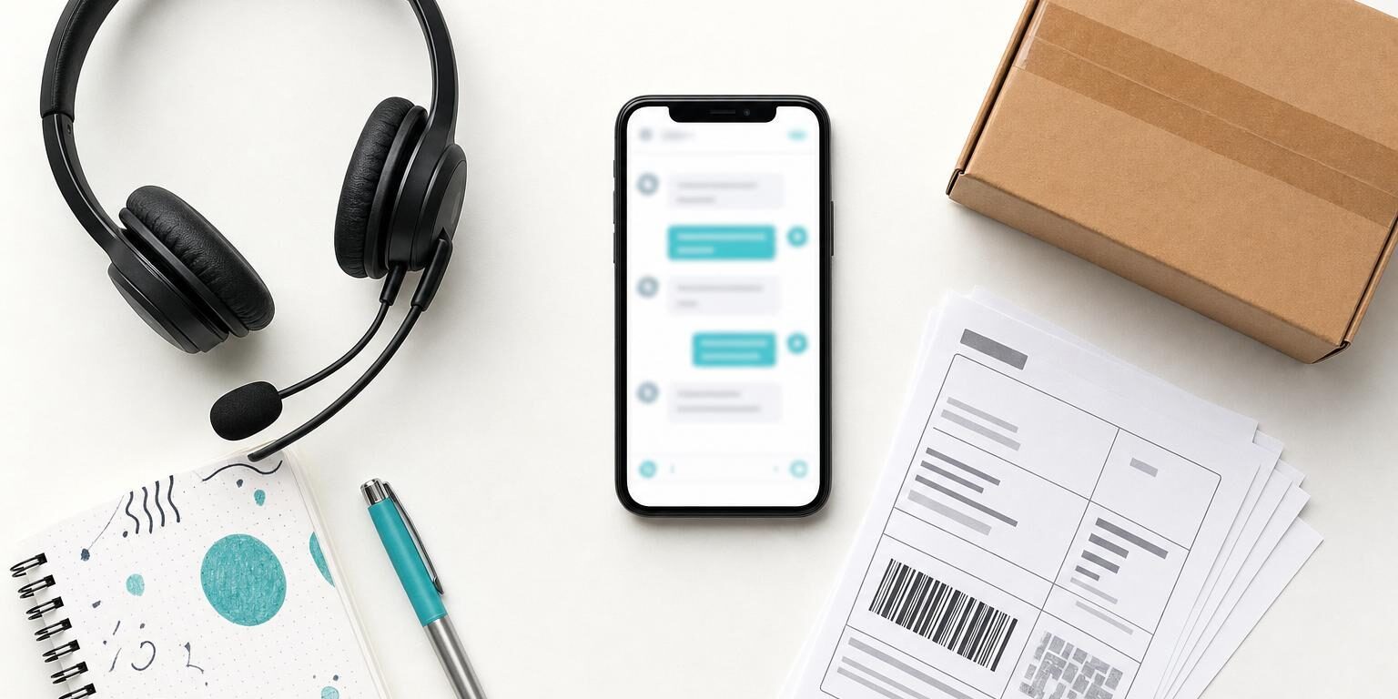KI Kundenservice: Smartphone mit Chat-Oberfläche, Headset, Versandetiketten und Paket als Flatlay – Fokus auf