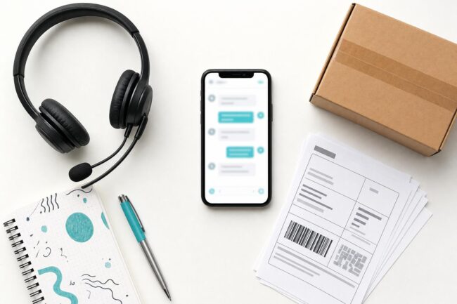 KI Kundenservice: Smartphone mit Chat-Oberfläche, Headset, Versandetiketten und Paket als Flatlay – Fokus auf