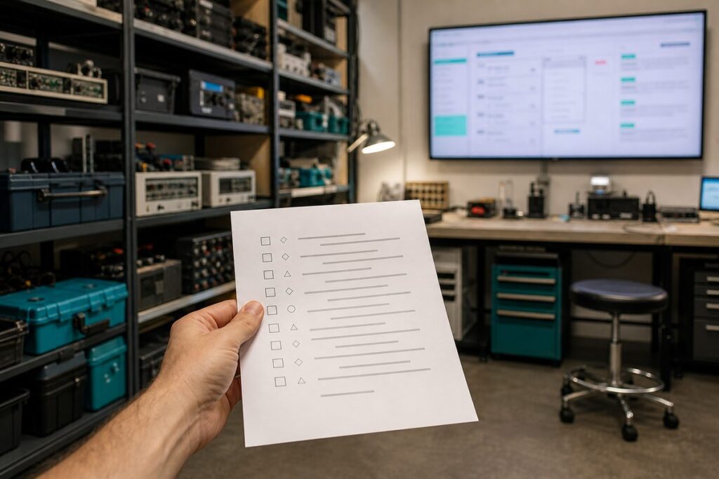 Männerhand hält Checkliste vor Regalen mit Elektronikgeräten, im Hintergrund unscharfer Bildschirm mit Ticketsystem.