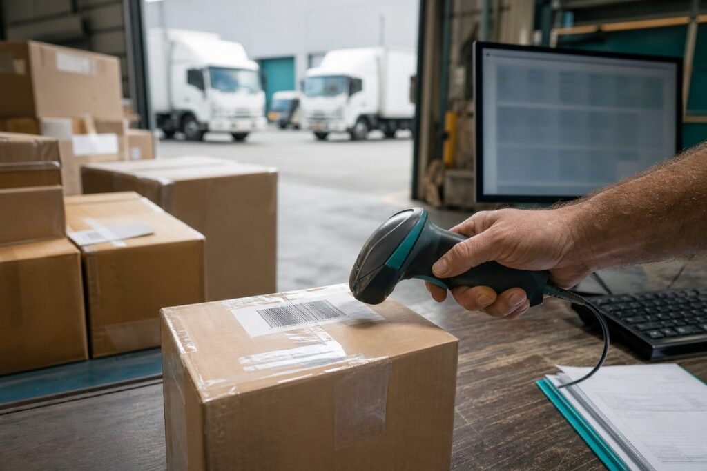 Männerhand scannt Paket mit Barcode-Scanner an einer Laderampe, im Hintergrund weitere Pakete und Lieferwagen.