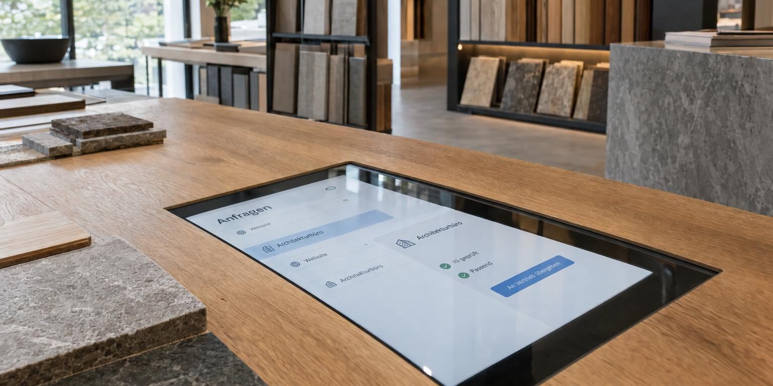 KI-Leadgenerierung: Ein CRM-Bildschirm im Materialshowroom zeigt eine KI-geprüfte Anfrage mit Übergabe an den Vertrieb.