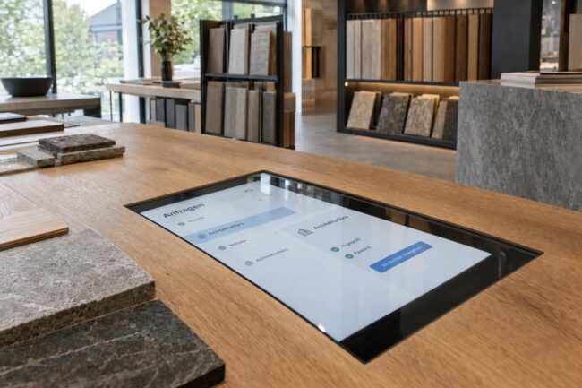 KI-Leadgenerierung: Ein CRM-Bildschirm im Materialshowroom zeigt eine KI-geprüfte Anfrage mit Übergabe an den Vertrieb.