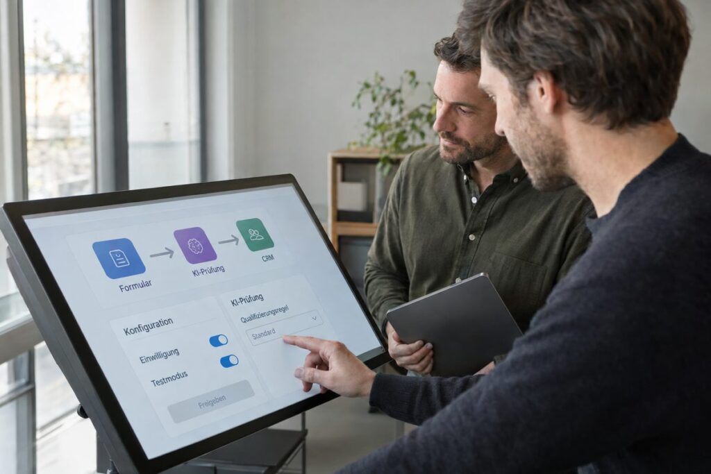 Zwei Mitarbeiter prüfen einen KI-Lead-Pilotprozess mit Formular, CRM-Anbindung und Einwilligungsprüfung.