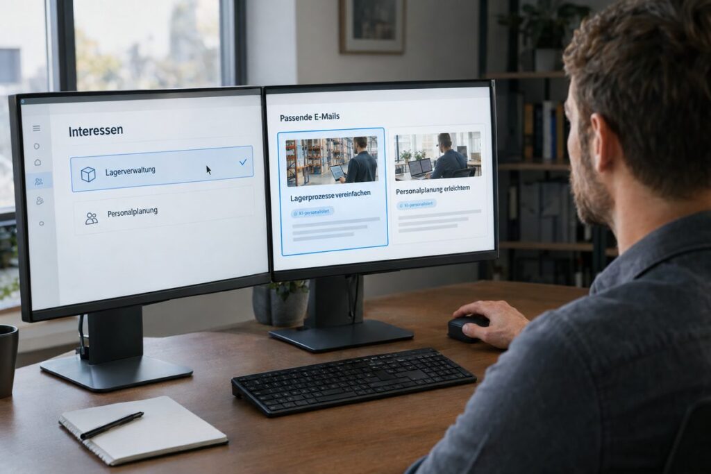 Ein Marketingmitarbeiter prüft KI-personalisierte E-Mail-Entwürfe für unterschiedliche Interessengruppen.