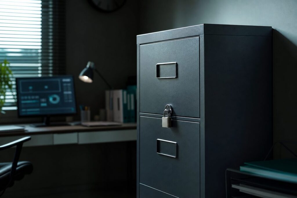 Verschlossener Aktenschrank mit sichtbarem Schloss in einer dunklen Büro-Ecke, keine Personen.