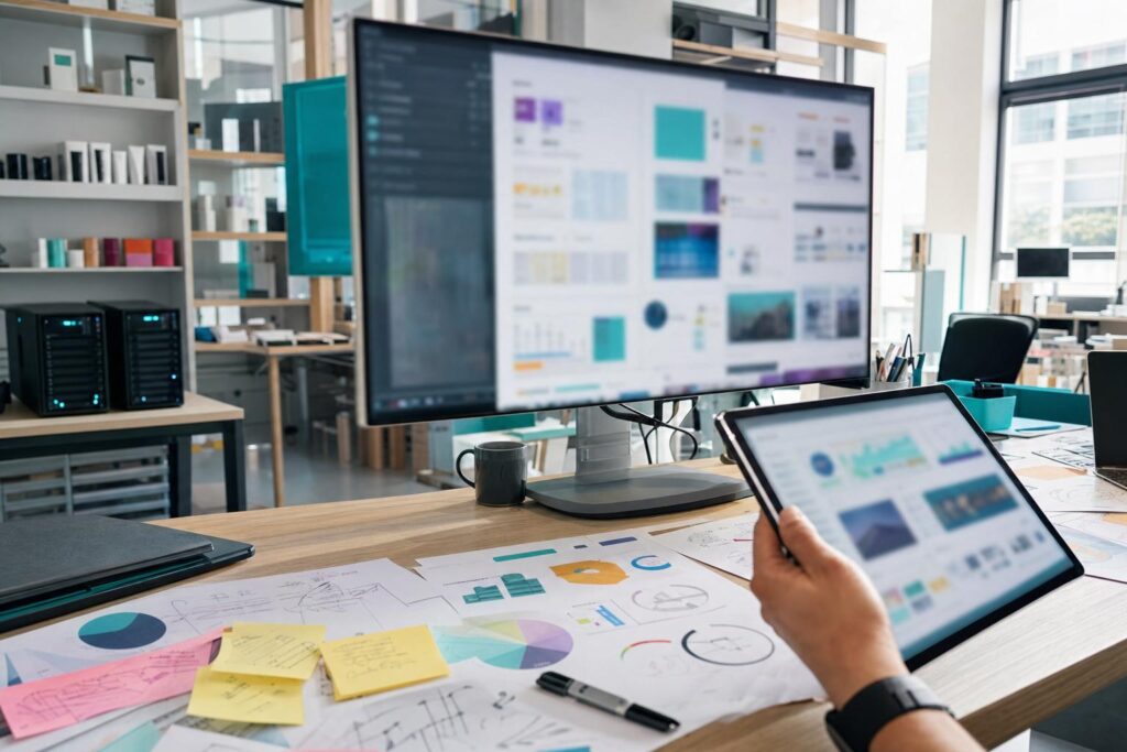 KI Tools für Unternehmen: Arbeitsraum einer Marketingagentur mit Technik, Farbmuster und Servern, männliche Hand mit Tablet.