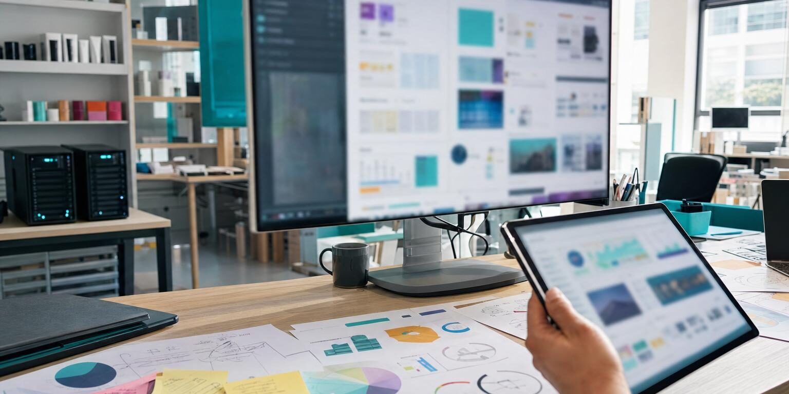 Die 15 besten KI-Tools für Unternehmen 2026: Praxis, Auswahl, Fehler KI Tools für Unternehmen: Arbeitsraum einer Marketingagentur mit Technik, Farbmuster und Servern, männliche Hand mit Tablet.