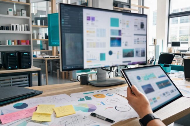 KI Tools für Unternehmen: Arbeitsraum einer Marketingagentur mit Technik, Farbmuster und Servern, männliche Hand mit Tablet.